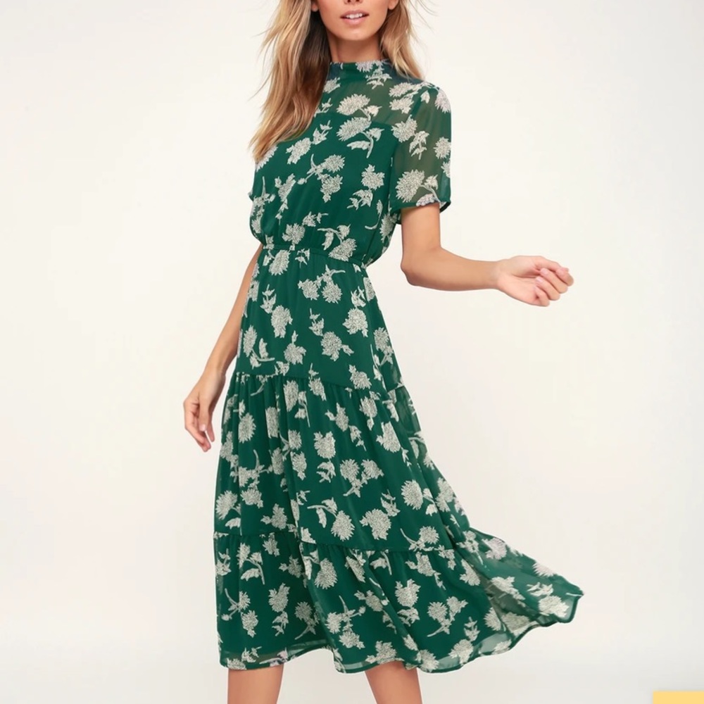 Lulus Floral Dressed Up Dark Green Floral Print Midi Dress size small